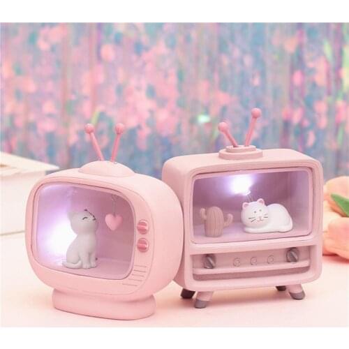 Light Decor TV Shape Cats Statues Pink Animal Home Decoration Lighting Battery Operated Cartoon Design Practical Desktop Lamp