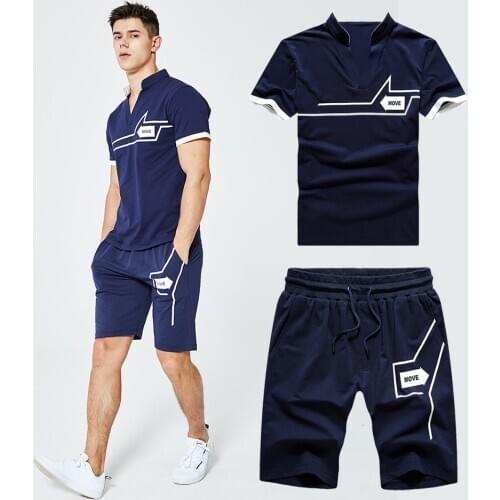 New Summer Tracksuit Casual Men Sets Fitness Suit 2 Pieces Tee Shirts Top+Shorts Fashion Mens Solid Sportswear Sportsuit ST113