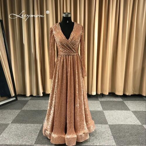 Leeymon 2020 New Arrival Long Sleeves Glitter Elegant Sexy V-Neck Evening Dress Floor-Length Custom Made Dress