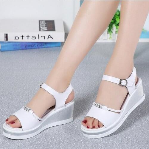Summer Wedge Shoes Woman Genuine Leather Sandals Crystals Plus Size Feminino Platform Sandals Women White High Heel Sandal Woman