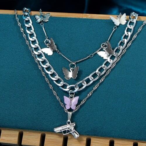Multilayer Metal Butterfly Pistol Pendants Necklace for Women Silver Color Cuban Chain Choker Necklace Punk Vintage Jewelry Gift