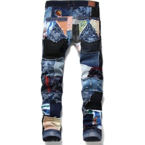 Fashion Spliced Jeans Mens New Korean Style Slim Casual Straight Pants Patch Pockets Zippers Vintage Streetwear Classic Pants