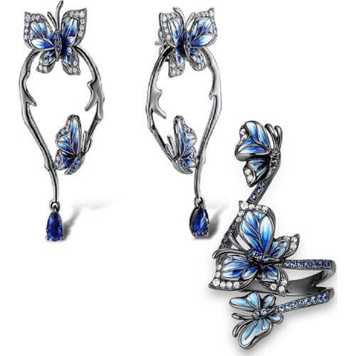 MOONROCY Silver Color Ring Earrings Vintage Jewelry Set Bohemia Blue Butterfly Flower for Women Gift Dropshipping Wholesale