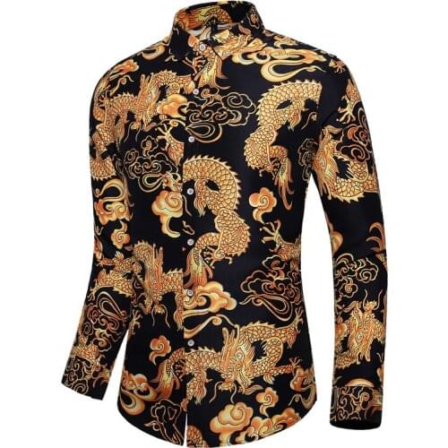 Men Chinese style Dragon Printed Casual Long Sleeve Dress Shirts Fashion Holiday Party man Shirt camisa masculina Plus Size 7XL