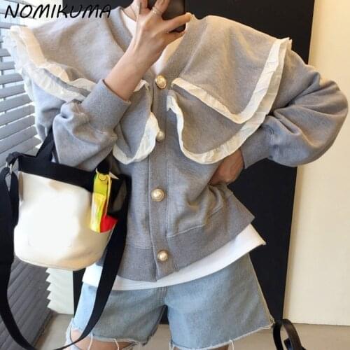 Nomikuma Hit Color Ruffle Peter Pan Collar Sweatshirt Cardigan Long Sleeve Single Breasted Hoodie Jacket 2021 Autumn New 6L602