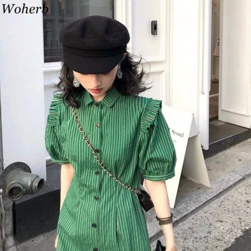 Woherb Avocado Green Dress Single-breasted Striped Shirt Dresses Puff Sleeve Retro High Waist Female Mini Robe Vestido De Mujer