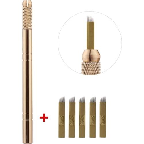 Professional 3D Golden Tebori Tattoo Pen + 5pcs 12 Pins Microblading Tattoos Needles Permanent Makeup Eyebrow Tattoo Manual Set
