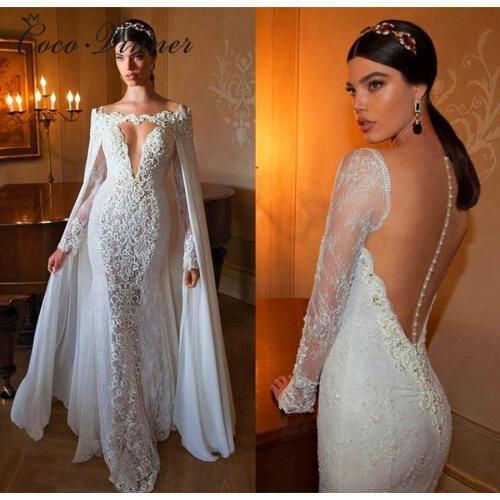 Vintage Mermaid Wedding Dress Fulle Sleeves Long Wrab Embroidery Beading Custom Made Illusion Lace Mermaid Wedding Dresses W0266