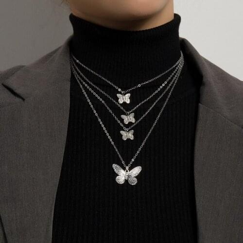 Vintage Multilayer Chains Alloy Butterfly Pendant Necklace for Women Elegant Geometric Sweater Chain Necklace Jewelry Gift