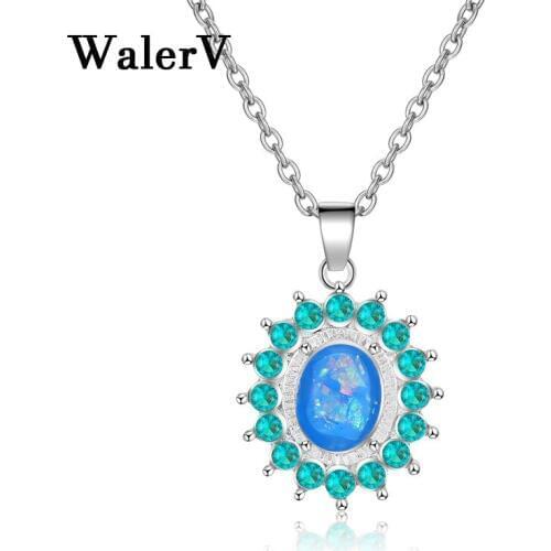 WalerV Women Set Fashion High Quality Oval Blue Imitation Fire Opal Stone Pendant Free Necklace 16 Inches Jewelry Gifts