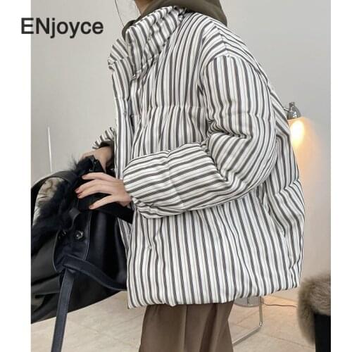Women Winter Striped Short Warm Down Jacket Loose Stand Collar Bread Jackets Female Parka Coat Korean Stylish Ladies Clothing