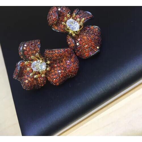 Orange color 925 sterling silver with cubic zircon flower stud earring cute romantic fine women jewelry free shipping