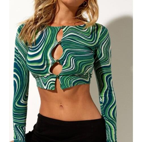 Women Casual Long Sleeve Cardigan Fashion Print And Solid Color Single-breasted Exposed Navel T-Shirt