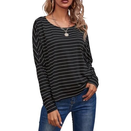 Womens Spring Pullover Shirt Girls Stripe Crew Neck Long Sleeve Pullover Top Black / Gray / White