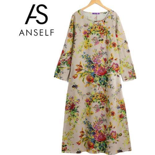 Anself Vintage Boho Dress Women Maxi Retro Floral Dress 2020 Long Sleeve Pockets O Neck Plus Size Cotton Linen Dress Loose Robe