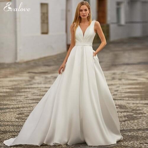 Evalove New Charming V-Neck Pleated A-Line Wedding Dress 2021 Elegant Sashes With Soft Satin Sweep Train Bohemian Wedding Gown