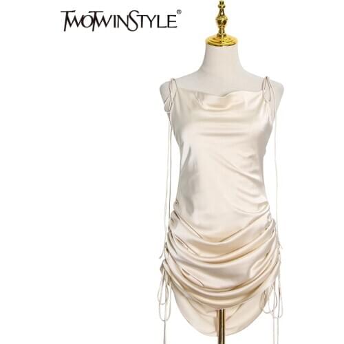 TWOTWINSTYLE Black Ruched Sexy Party Dress For Women V Neck Sleeveless High Waist Backless Sling Dresses Female 2020 Summer New