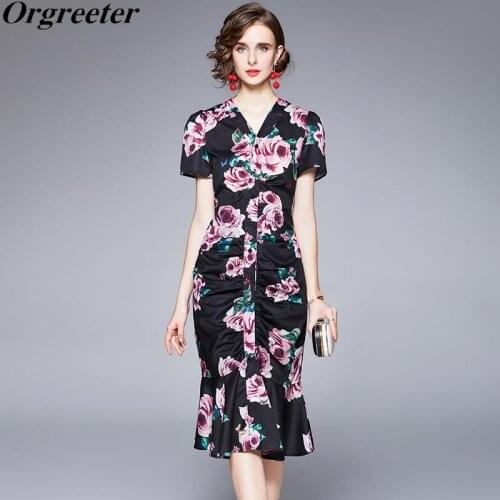 Vintage Rose Printted V-neck Ruffles Mermaid Dresses Women Short Sleeve Single-breasted Ruched Bodycon Mid Long Dress Vestidos