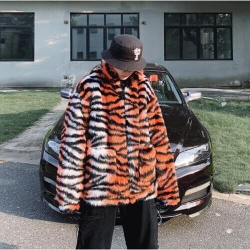 Winter Mens Orange Tiger pattern Faux Fur Coat Stand Collar Thick Warm Loose Size M-XXXL N24