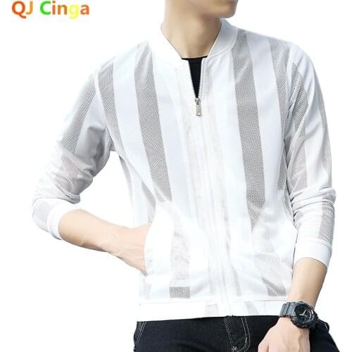2021 New Mesh Stripe Sun Protection Clothing Trend Summer Men Skin Clothing Solid Color Wild Jacket Large Size S-3XL 4XL 5XL