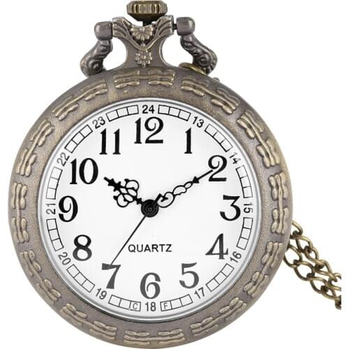 Antique Bronze No Cover Pocket Watch Round Dial Arabic Numerals Quartz Pocket Watches Necklace Chain Unique Back Cover Pendant