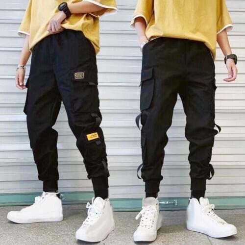Casual Men Breathable Ankle Tie Pocket Drawstring Cargo Pants Ninth Trousers Male Trousers Casual Pants