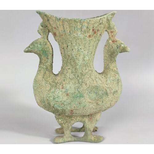 Exquisite Ancient Chinese Collection Old Bronze Double Bird Phoenix Statue Vase / Wine Pot