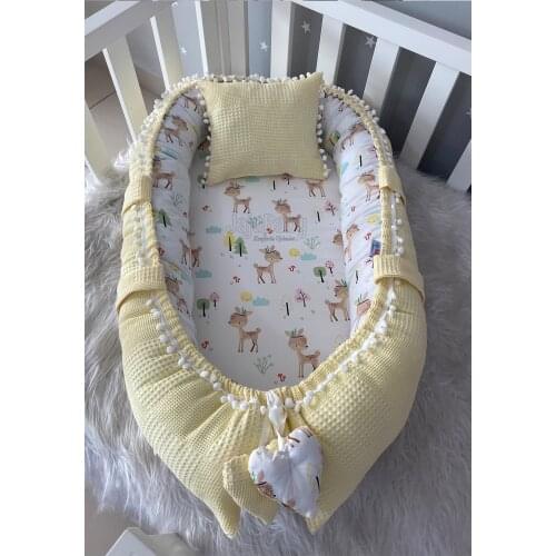 Jaju Baby Handmade, Yellow Color Waffle Pique Fabric Gazelle Design Pompom Babynest