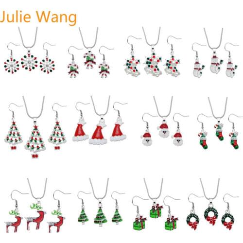 Julie Wang Enamel Christmas Tree Bell Hat Santa Claus Necklace+Earrings Alloy Jewelry Set Snake Chain Fashion Women Xmas Gift