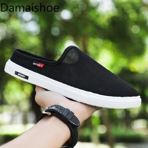 Summer No-slip Breathable Half Slippers Mens Slip-on 2021 New Casual Shoe All-Match Heel-Free Mesh Surface Hollowed Cloth Shoes