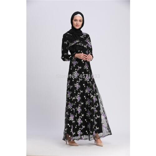 Muslim Embroidery Abaya Lace Floral Maxi Dress Cardigan Long Robes Tunic Kimono Ramadan Islamic Prayer Clothing Frees shipping
