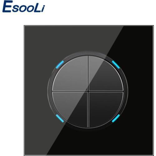 Esooli 4 Gang 1 Way Random Click On / Off Wall Light Switch With LED Indicator Knight Black Crystal Tempered Glass Panel