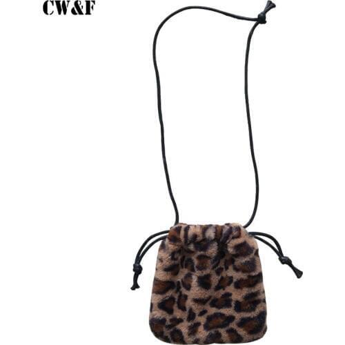 New autumn and winter plush retro leopard bag wild single shoulder drawstring Messenger mini handbag