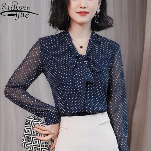 2021 the new women blouse trends Bow-neck chiffon shirts Polka dot womens clothing solid color elegance womens clothes 1864 50