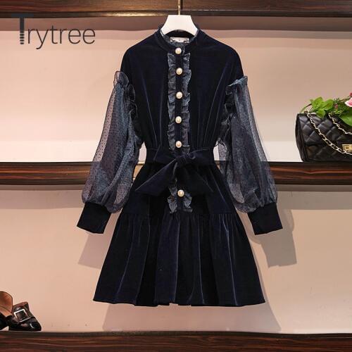 Trytree Autumn Winter Women Casual Dress O-neck Ruffles Patchwork Lantern Sleeve A-line Voile Fashion Temperament Mini Dress
