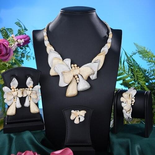 KellyBola Luxury Shiny Jewelry Zircon Bow Necklace 4PCS Set Wedding Banquet Fashion Jewelry Set Designed For Women 2021