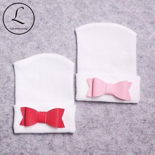 Newborn baby Girls PU Leather Bow Hospital Hats 0-3 Month Childs kids Soft Cotton Knitted Beanies Hats And Caps Hair Accessories