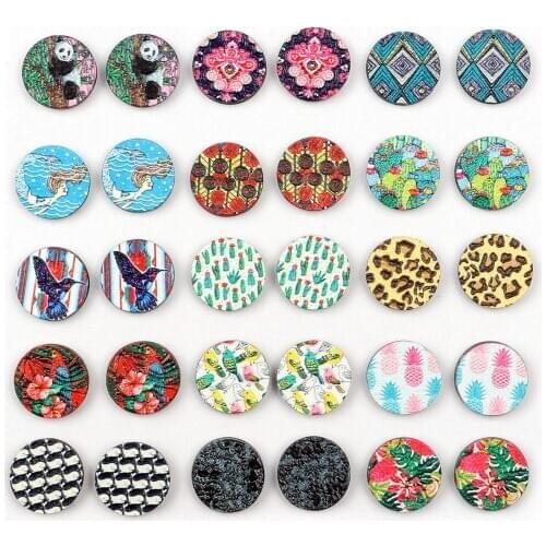 Unique 3D Flower Embossed 16mm Round Coloured Drawing pattern Laser Cut wood Cabochon DIY for Rings, Earring,Brooch,Necklace