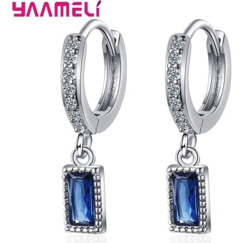 Vintage Women Dangle Pendientes 925 Sterling Silver Blue Sapphire Rectangle Cubic Zircon Lever Back Huggie Earrings Brincos