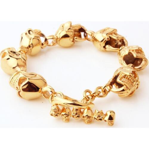Vintage Personality Design Stainless Steel Gold Skull Link Chain Casting Bracelet Mens Boys Cool Wristband Jewelry Xmas Gift