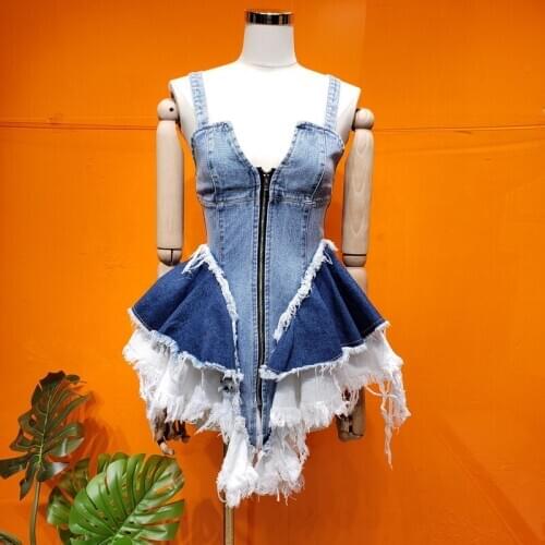 Women Fashion Streetwear Denim Tank Tops Womens Sleeves Patchwork Slim Camis Casual Tube Tops Mini Denim Dress For Women