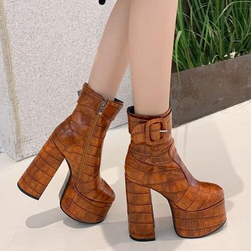 RIBETRINI Fashion Women High Top Ankle Boots Vintage Square High Heels Platform Shoes Woman Party Wedding Dress Buckle Boots