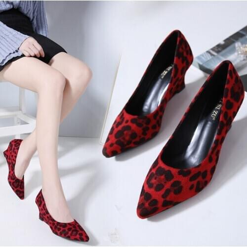 Wedge Women Pumps Shoes Spring Autumn Platform Flock High Heels 8CM Female Shoes Slip On Leopard Party Wedding Singles Shoes