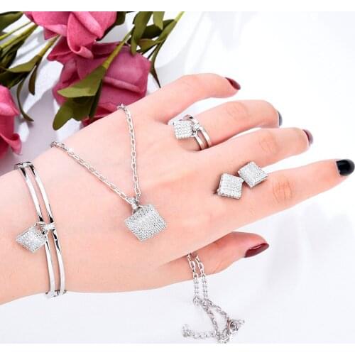 Blachette Trendy Sweet Korean Geometric Square Pendant Necklace Earring Bracelet Ring 4PCS Zirconia Female Jewelry High Quality