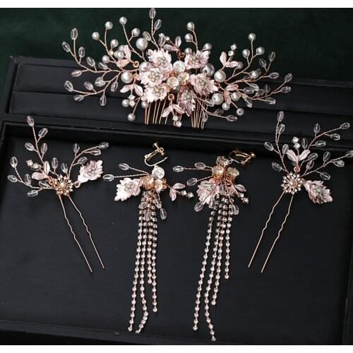 4 Pcs Rose Gold Hair Combs Hairpins Tassel Earrings Sets Pearl Rhinestone Hairband BrideHeadpiece Wedding Headwear Women Jewelry