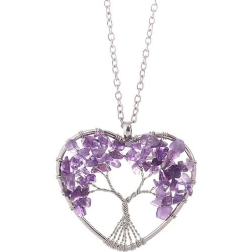 7 Chakra Tree of Life Wire Wrapped Heart Shaped Pendant Necklace Healing Crystal Stone Reiki Quartz Jewelry for Women Men