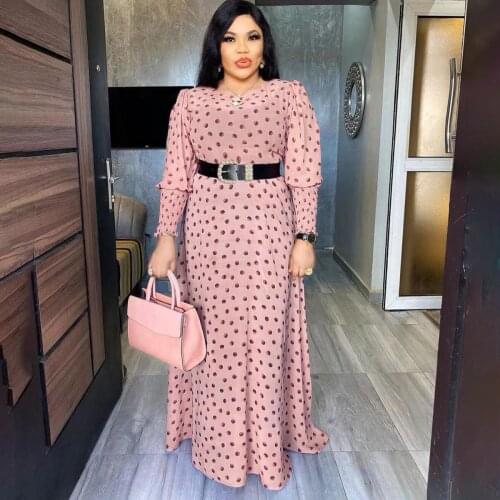 Abaya Dubai Maxi African Design Loose Robe Gowns Muslim Dress Lady Party White Dots Printing Waistband American Clothing