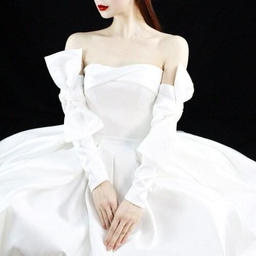 Satin Bridal Sleeves White Wedding Boleros Bowknot Simple Wedding Accessories Detachable Bridal Bicep for Elegant Bridal Gloves