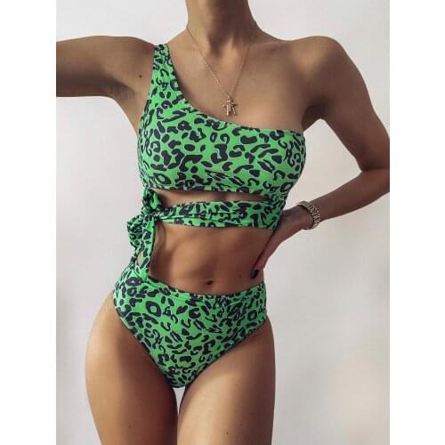 Bikini 2021 New Green Leopard PrintEd Strap Bikini High-waisted Split Swimsuit One-shoulder Swimsuit 2 Piece Set Women
