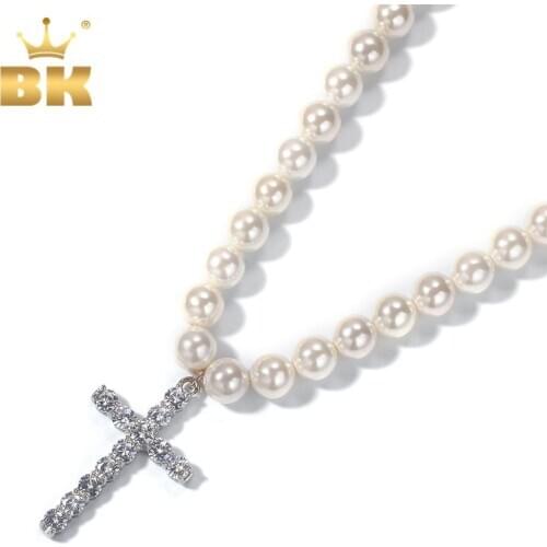 THE BLING KING Fashion 8mm/10mm Freshwater Pearls White Chain Vintage Chocker Zirconia Stones Cross